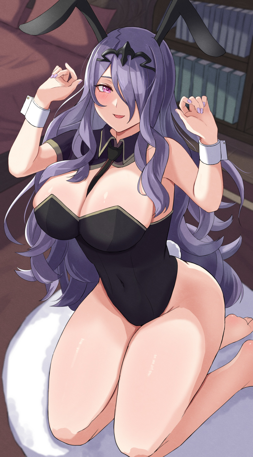 1girl 1girl :d absurd_res alluring animal_ears bare_legs bare_shoulders big_breasts black_leotard blush camilla_(fire_emblem) covered_navel detached_collar fake_animal_ears fake_tail fire_emblem fire_emblem_fates fire_emblem_warriors hair_over_one_eye high_res intelligent_systems kneel leotard long_hair looking_at_viewer nintendo open_mouth peli_cantaro playboy_bunny purple_eyes purple_hair purple_nails rabbit_ears rabbit_tail smile strapless strapless_leotard tail very_long_hair wavy_hair wrist_cuffs