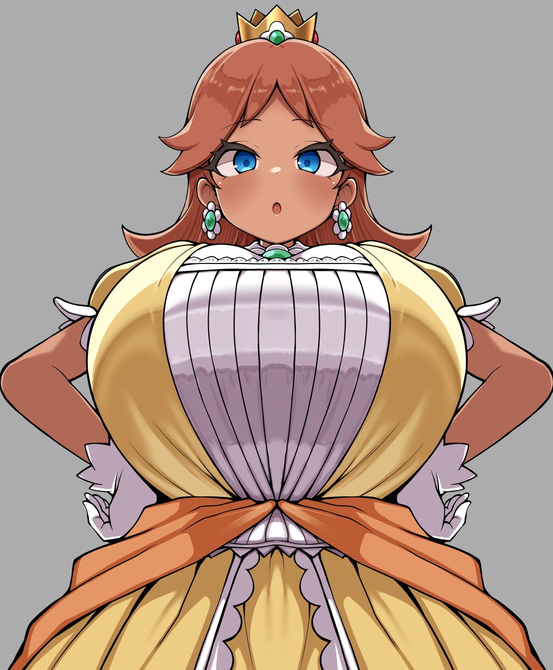 1girl 1girls blue_eyes breasts brown_hair crown detritus dress earrings flower_earrings gloves high_res huge_breasts jewelry looking_at_viewer mario_(series) necklace nintendo princess_daisy simple_background solo_female solo_focus white_gloves