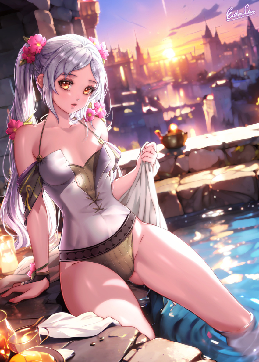 1girl 2023 alluring alternate_costume artist_name brown_one-piece_swimsuit brown_swimsuit detailed_background esther-shen female_only fire_emblem fire_emblem_awakening flower hair_flower intelligent_systems light-skinned_female light_skin long_hair looking_at_viewer medium_breasts nintendo one-piece_bikini partially_submerged revision robin_(fire_emblem) robin_(fire_emblem)_(female) sitting sunset swimming_pool swimsuit twin_tails water watermark white_hair yellow_eyes