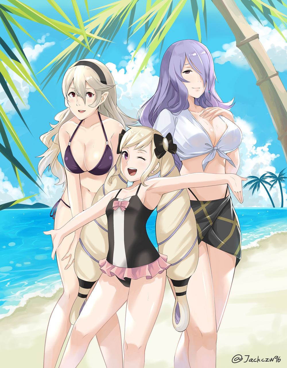 1girl 3_girls alluring bare_arms bare_legs bare_midriff bare_shoulders bare_thighs beach big_breasts big_sister bikini breast_size_difference camilla_(fire_emblem) cleavage confident corrin_(fire_emblem) corrin_(fire_emblem)_(female) drill_hair elise_(fire_emblem) elise_(summer)_(fire_emblem) female_only fire_emblem fire_emblem_fates fire_emblem_heroes fire_emblem_warriors front-tie_top grin hair_over_one_eye hairband high_res human human_only intelligent_systems j@ck long_hair looking_at_viewer manakete mature mature_female medium_breasts midriff multiple_girls navel nintendo ocean one-piece_bikini one_eye_closed one_eye_covered purple_bikini purple_eyes purple_hair purple_swimsuit sea seaside siblings silf silfs sisters small_breasts smile smiling_at_viewer stomach swimsuit twin_drills twin_tails very_long_hair water wavy_hair wholesome