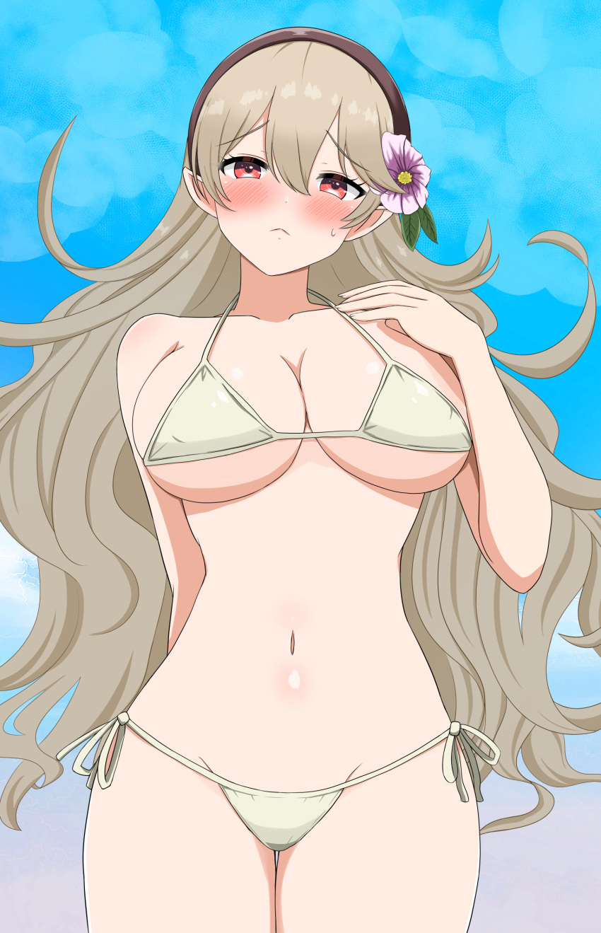 1girl absurd_res alluring alternate_costume arm_behind_back big_breasts bikini black_hairband blonde_hair blue_sky blush cleavage closed_mouth collarbone commentary_request corrin_(fire_emblem) corrin_(fire_emblem)_(female) day embarrassed fire_emblem fire_emblem_fates fire_emblem_warriors flower frown hair_between_eyes hair_flower hair_ornament hairband hand_on_own_chest hand_up high_res intelligent_systems long_hair looking_at_viewer navel nintendo outside patty_ojisan pointy_ears red_eyes side-tie_bikini_bottom sideboob sky standing stomach swimsuit thighs under_boob white_bikini