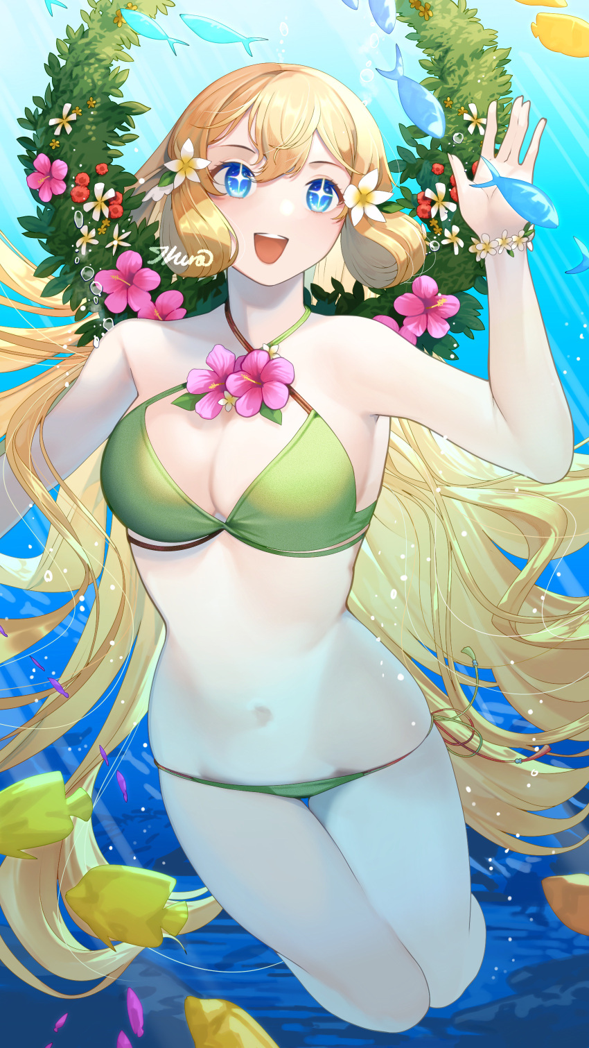 1girl absurd_res alluring alternate_costume big_breasts bikini blonde_hair blue_eyes cleavage female female_only fire_emblem fire_emblem_heroes fish flower grass green_bikini green_swimsuit head_wreath high_res ikura_(downdexp) intelligent_systems long_hair medium_breasts navel nintendo official_alternate_costume smile solo sparkling_eyes swimsuit underwater water wreath ymir_(fire_emblem) ymir_(fire_emblem_heroes) ymir_(summer)_(fire_emblem_heroes)
