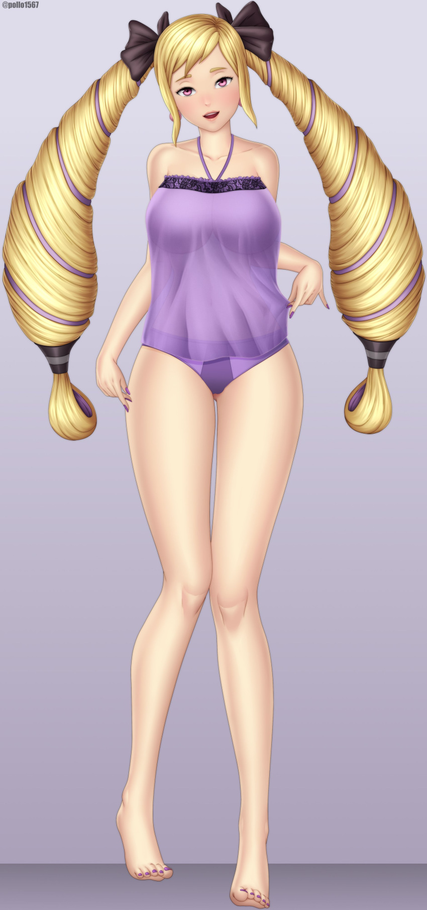 1girl adult alluring alternate_version_available ass_visible_through_thighs bare_arms bare_legs bare_shoulders barefoot big_breasts blonde_hair clothes_lift collarbone earrings elise_(fire_emblem) female_only fire_emblem fire_emblem_fates fire_emblem_warriors intelligent_systems lifted_by_self lingerie long_hair looking_at_viewer mature mature_female nail_polish nightgown nintendo older open_mouth panties pink_eyes pollo1567 purple_nails purple_panties revealing_clothes seductive seductive_smile see-through shoulders silf smile teasing twin_tails underwear very_long_hair