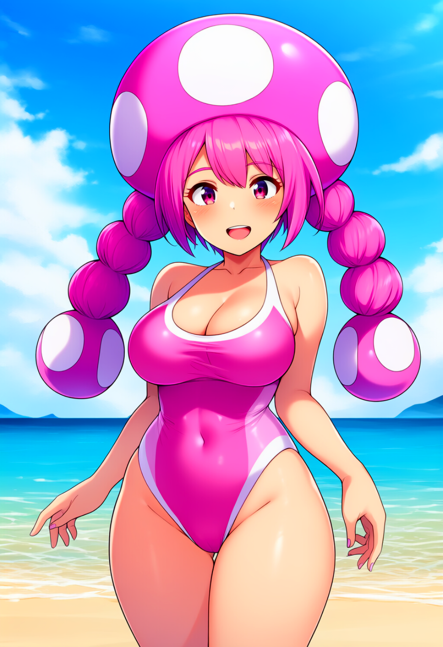 1girl ai_generated beach breasts cameltoe female_focus looking_at_viewer mushroom_girl mushroom_humanoid nintendo one-piece_swimsuit open_mouth pink_eyes pink_hair super_mario_bros. toadette twin_braids