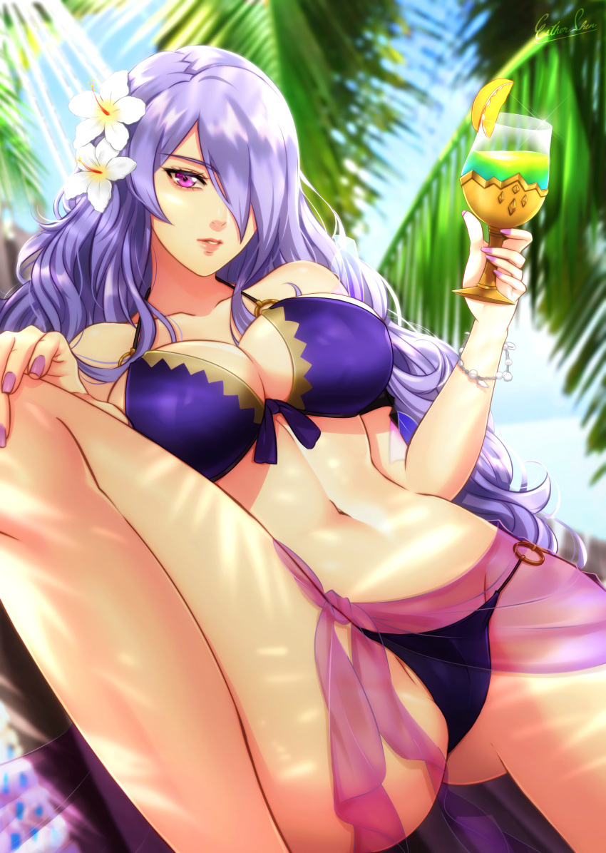 1girl alluring bare_legs big_breasts bikini camilla_(fire_emblem) camilla_(summer)_(fire_emblem) cleavage esther-shen estra fire_emblem fire_emblem_warriors intelligent_systems lavender_hair nintendo official_alternate_costume pin_up purple_eyes swimsuit