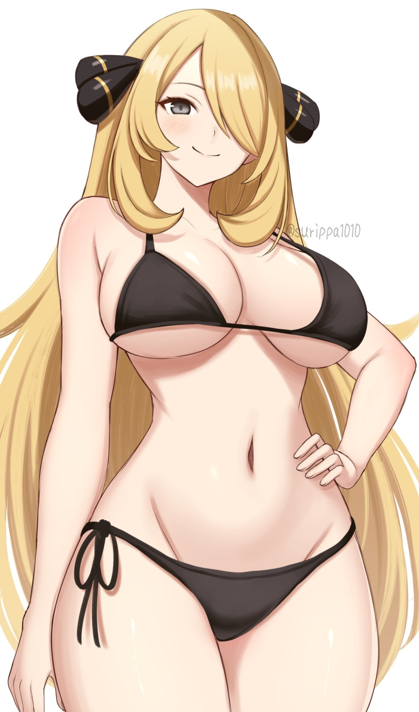 1girl alluring bare_legs big_breasts blonde_hair cleavage cynthia cynthia_(pokemon) grey_eyes nintendo pokemon pokemon_(anime) pokemon_dppt surippa1010 under_boob