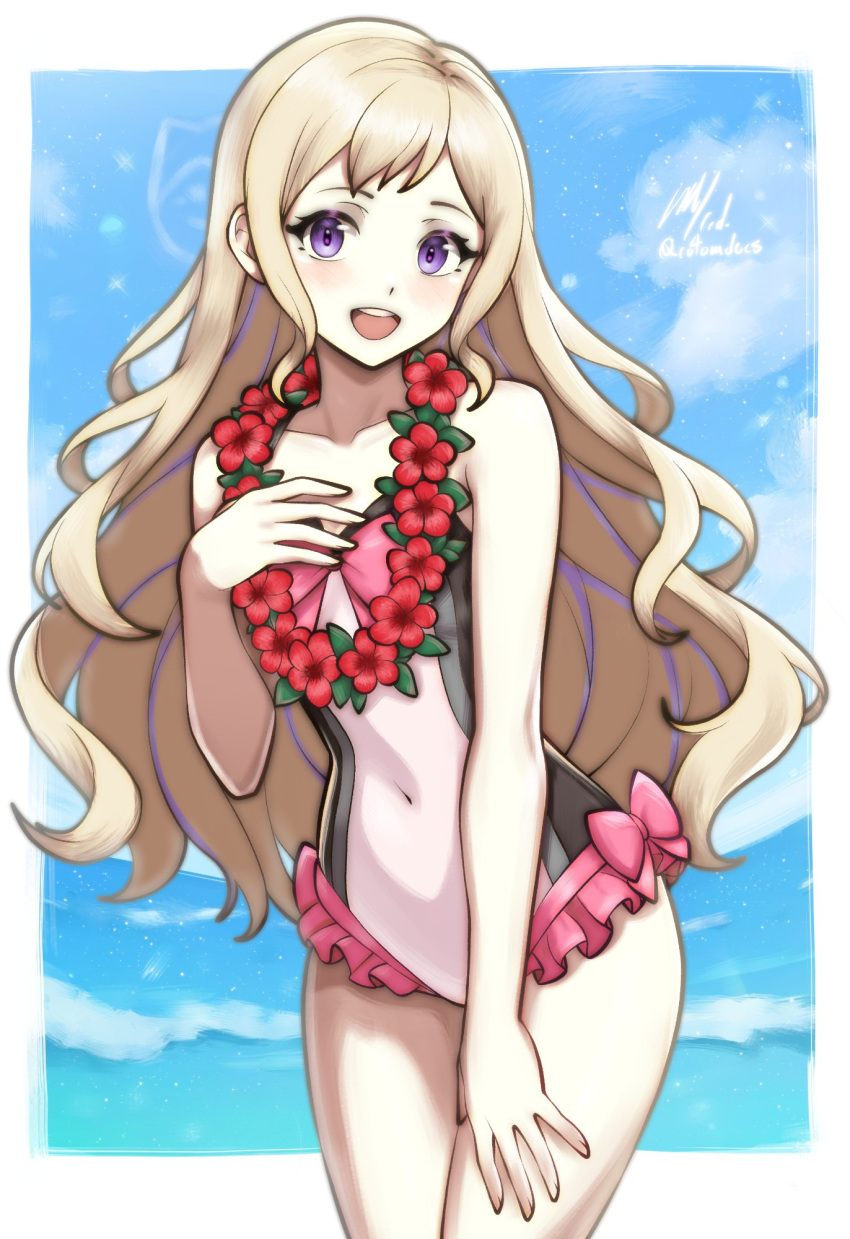 1girl alluring bare_thighs beach cute elise_(fire_emblem) elise_(summer)_(fire_emblem) fire_emblem fire_emblem_fates fire_emblem_warriors flower_lei grin hair_down intelligent_systems lei_necklace nintendo one-piece_bikini princess purple_eyes rotomdocs sfw silf silfs small_breasts smile smiling_at_viewer swimsuit thighs