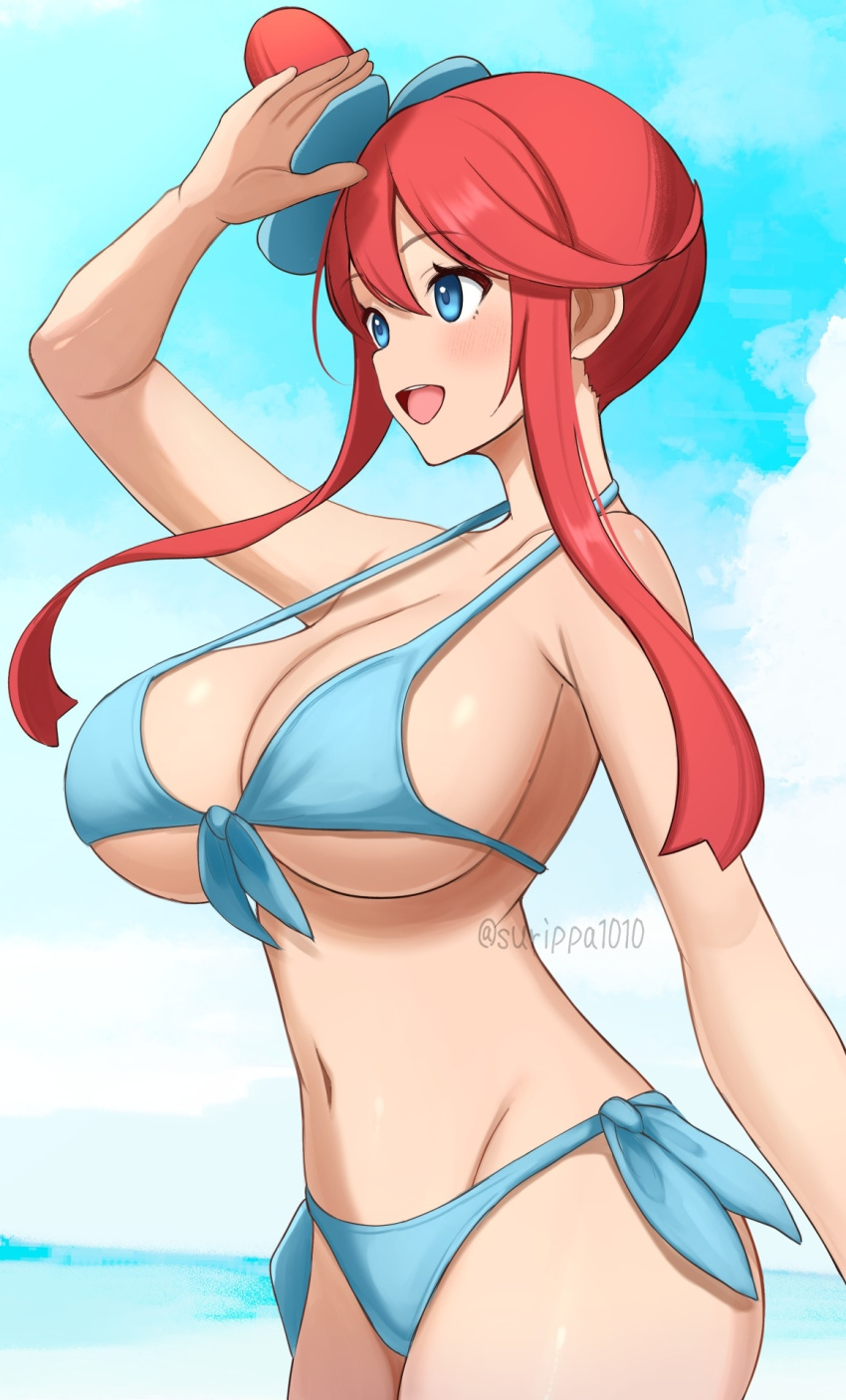 1girl alluring big_breasts bikini blue_eyes cleavage fuuro fuuro_(pokemon) nintendo pokemon pokemon_(anime) pokemon_rse pokemon_rse_(anime) red_hair skyla skyla_(pokemon) surippa1010