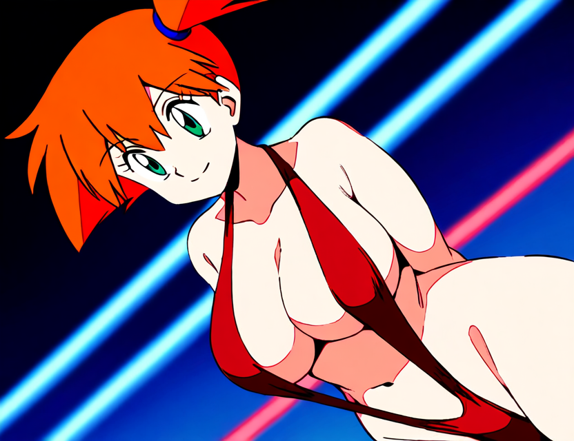 1girl alluring big_breasts misty misty_(pokemon) nintendo orange_hair pin_up pokemon pokemon_(anime) seanchuro sling_bikini solo teal_eyes wrestling_ring xwf