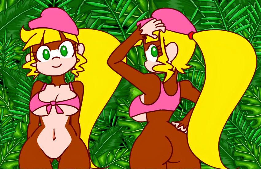1girl ass back_view beret blonde_hair breasts brown_fur dixie_kong donkey_kong_(series) donkey_kong_country female_focus front_view furry furry_female green_eyes leaf long_hair looking_at_viewer looking_back minus8 multiple_views nintendo ponytail rareware
