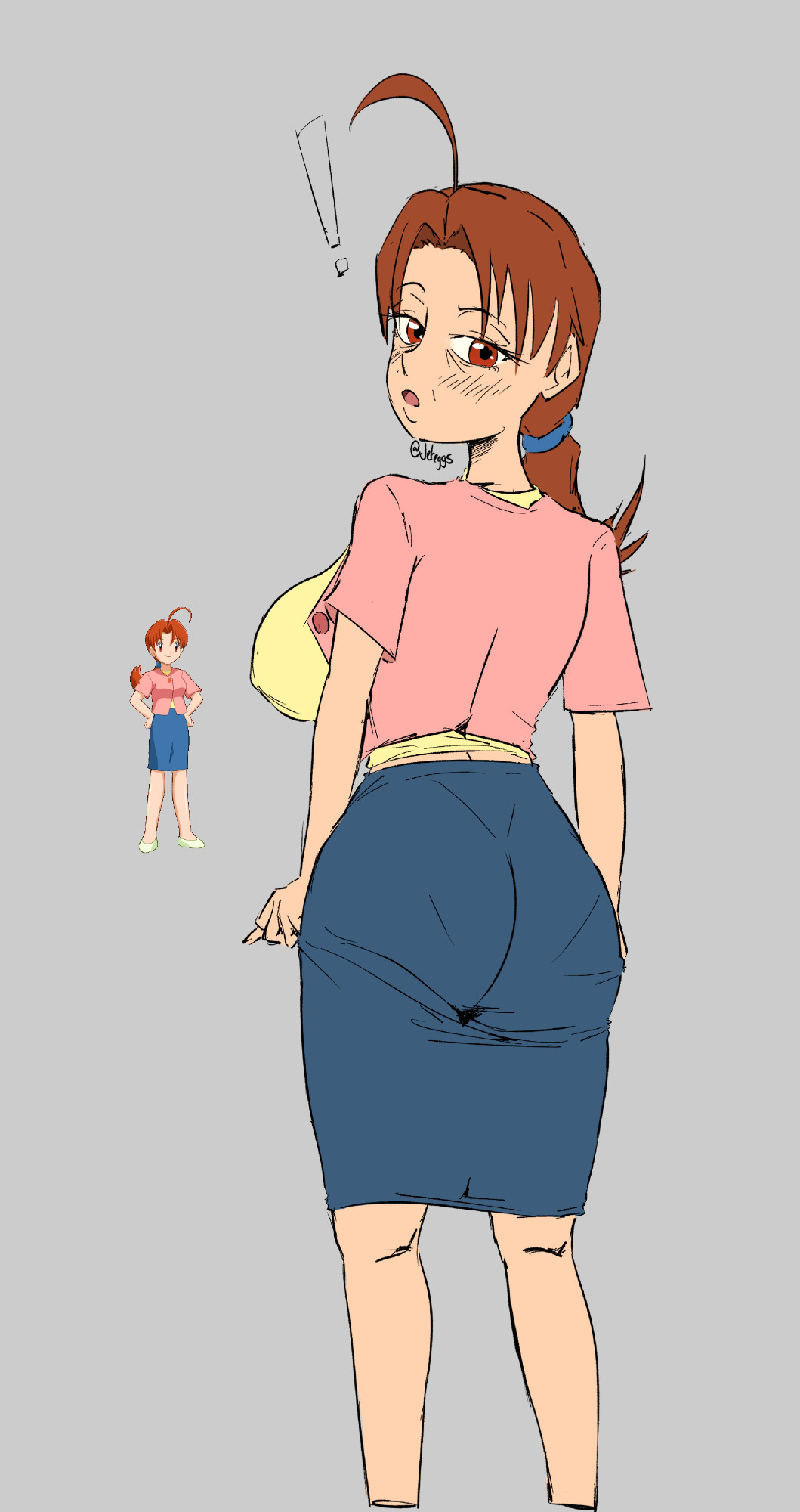 1girl big_ass big_breasts brown_eyes brown_hair delia_ketchum jeteggs long_hair looking_back mature_female nintendo pokemon shirt skirt