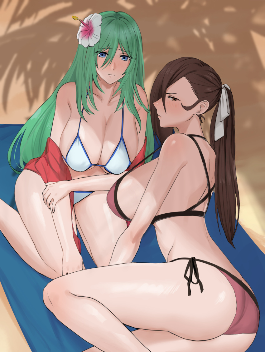 2_girls alluring alternate_costume ass bare_shoulders big_breasts bikini blue_eyes blush bow brown_bikini brown_eyes brown_hair cleavage collarbone commission fire_emblem fire_emblem:_path_of_radiance fire_emblem:_radiant_dawn fire_emblem_fates flower green_hair hair_bow hair_flower hair_ornament hair_over_one_eye hair_ribbon high_res intelligent_systems jacket kagero_(fire_emblem) kunoichi long_hair looking_at_viewer looking_back multiple_girls nephenee_(fire_emblem) nintendo oyatsu_0 palm_tree pink_bikini ponytail ribbon shadow side-tie_bikini_bottom sideboob swimsuit tree white_bikini
