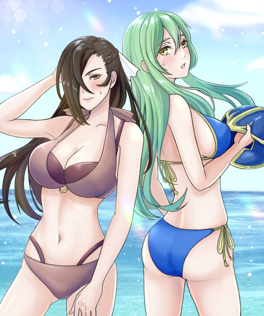 2_girls alluring alternate_costume ass big_breasts bikini blue_bikini blush brown_bikini brown_eyes brown_hair commission fire_emblem fire_emblem:_path_of_radiance fire_emblem_fates green_hair high_res intelligent_systems kagero_(fire_emblem) kousetu0506 looking_at_viewer multiple_girls nephenee_(fire_emblem) nintendo ocean outside ponytail skeb_commission swimsuit