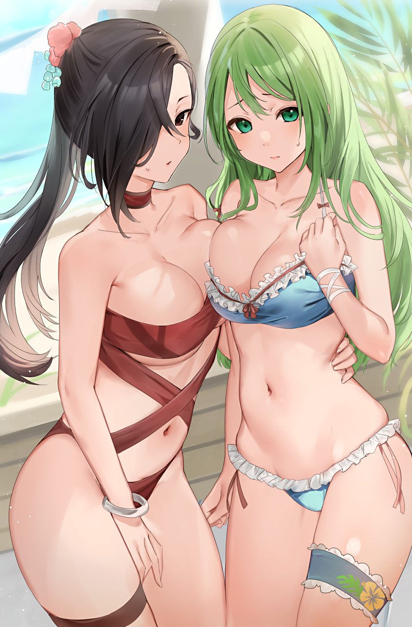 2_girls alluring bracelet breasts_squeezed_together brown_eyes brown_hair choker cleavage closed_mouth commission fire_emblem fire_emblem:_path_of_radiance fire_emblem:_radiant_dawn fire_emblem_fates flower green_eyes green_hair hair_flower hair_ornament hair_over_one_eye hand_around_waist haru_(nakajou-28) high_res intelligent_systems jewelry kagero_(fire_emblem) kunoichi long_hair looking_at_viewer multiple_girls nephenee_(fire_emblem) nintendo ponytail red_choker red_ribbon ribbon skeb_commission standing sweat sweatdrop swimsuit thigh_strap