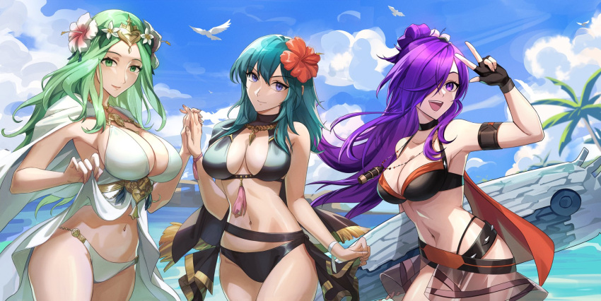 3_girls alluring bare_shoulders beach big_breasts bikini bikini_boody black_bikini black_cape black_choker blue_eyes byleth_(fire_emblem) byleth_(fire_emblem)_(female) byleth_(summer)_(fire_emblem)_(female) cape choker cleavage closed_mouth fire_emblem fire_emblem:_three_houses fire_emblem_heroes fire_emblem_warriors:_three_hopes flower green_eyes green_hair hair_flower hair_ornament hair_over_one_eye hibiscus high_res intelligent_systems long_hair looking_at_viewer multiple_girls navel nintendo official_alternate_costume open_mouth purple_eyes purple_hair red_flower rhea_(fire_emblem) rhea_(summer)_(fire_emblem) shez_(fire_emblem) shez_(fire_emblem)_(female) shez_(summer)_(fire_emblem) smile stomach surfboard swimsuit teal_hair white_bikini white_flower