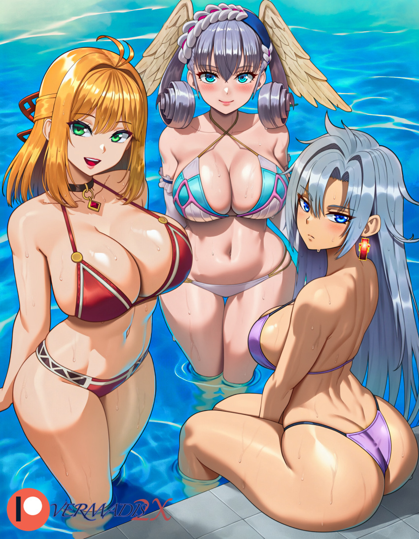 3girls a_(xenoblade) alluring bikini blonde_hair blue_eyes choker cleavage curvaceous curvy curvy_figure expressionless female_only fiora_(xenoblade) green_eyes hair_braid hair_ornament head_wings long_hair looking_at_viewer looking_back medium_hair melia_antiqua monolith_soft necklace nintendo partially_submerged pool poolside short_hair silver_hair single_earring sitting smile swimming_pool swimsuit two-piece_bikini vermadis2x voluptuous voluptuous_female water wide_hips xenoblade_(series) xenoblade_chronicles xenoblade_chronicles_3:_future_redeemed yellow_hair