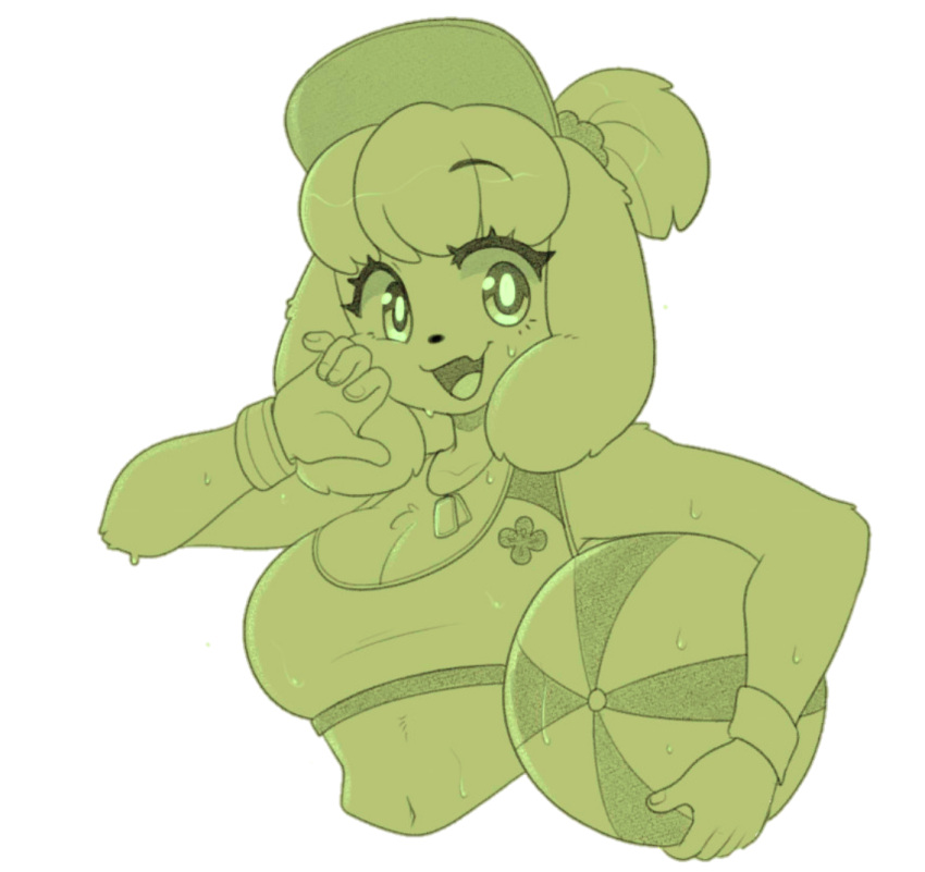 animal_crossing breasts doubutsu_no_mori female_focus furry furry_female isabelle_(animal_crossing) monochrome nintendo shizue_(doubutsu_no_mori) simple_background volleyball_ball white_background