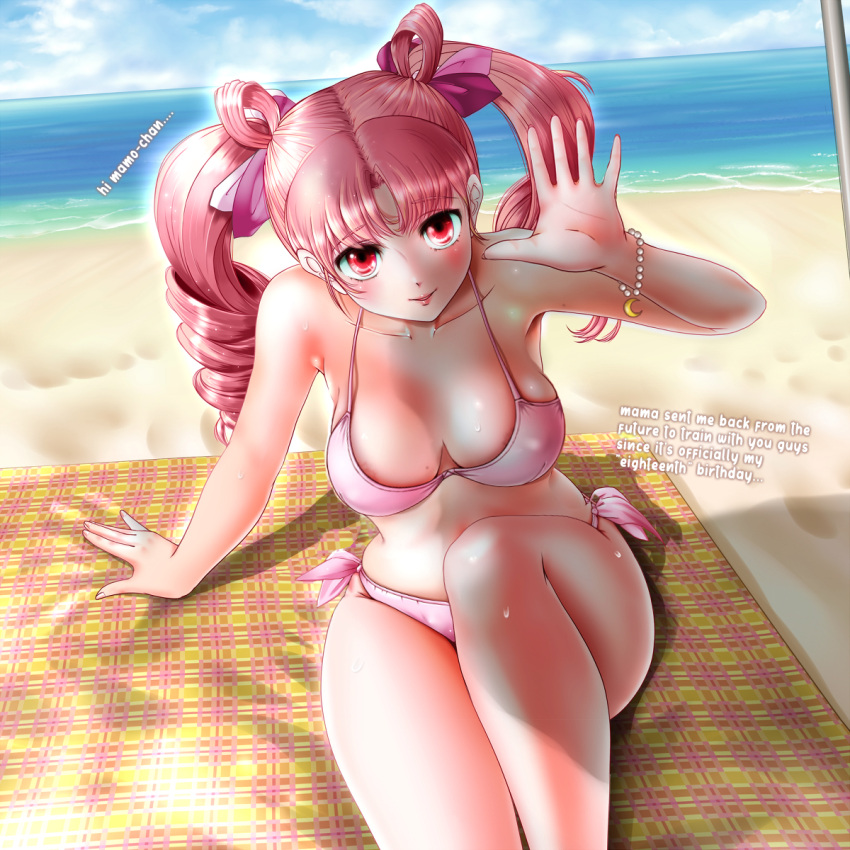 1girl 1girl 1girl adult_swim aged_up alluring beach beach_towel big_breasts big_breasts bikini bishoujo_senshi_sailor_moon bishoujo_senshi_sailor_moon_r bishoujo_senshi_sailor_moon_r_the_movie bishoujo_senshi_sailor_moon_s bishoujo_senshi_sailor_moon_s_the_movie bishoujo_senshi_sailor_moon_supers bishoujo_senshi_sailor_moon_supers_the_movie blush bracelet chibi_usa cleavage dialogue edit english_text erect_nipples erection_under_clothes female_only hairbow jewelry legs lipstick miharin mostly_nude nipples outside pink_clothing pink_hair puffy_nipples red_eyes shiny_skin skin small_breasts smile string_bikini summer sweat swimsuit text thighs toei_animation toonami twin_tails umbrella