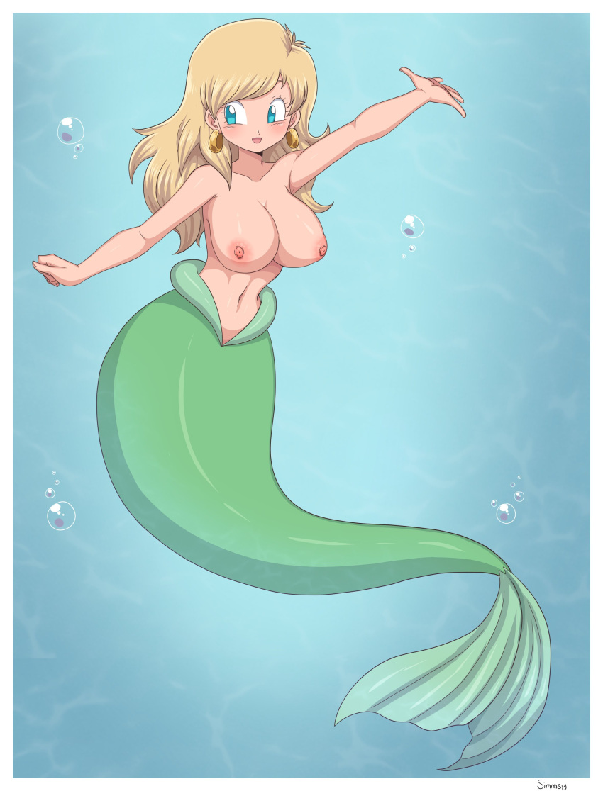 1girl alternate_species areola blonde blonde_hair breasts dragon_ball dragon_ball_super dragon_ball_z earrings erasa exposed_breasts female female_only green_tail hoop_earrings jpeg merfolk mermaid nipples nude shounen_jump simmsy smile solo underwater