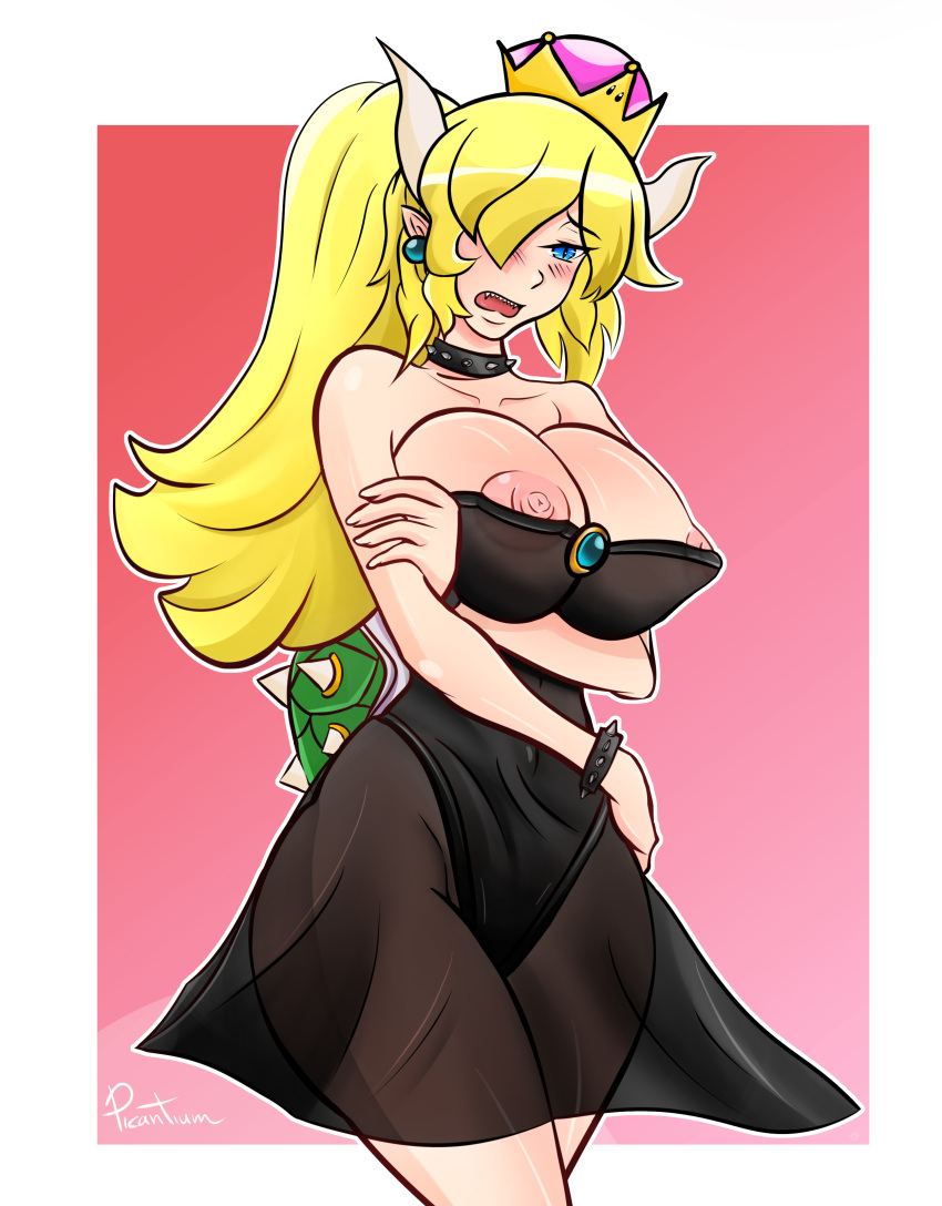1girl areola areola_slip arm_grab bare_arms bare_legs bare_shoulders big_breasts black_choker black_collar black_dress blonde_female blonde_hair blue_brooch blue_earrings blue_eyes blue_gem blue_gemstone blush bowser bowsette bracelet breast_hold breasts brooch choker cleavage collar collarbone covered_navel crossed_legs crossed_legs_(standing) crown dress earrings embarrassed eyebrows_visible_through_hair eyes_visible_through_hair female_only female_solo gem gemstone grabbing grabbing_own_arm gradient gradient_background hair_between_eyes hair_over_one_eye half-closed_eyes head_tilt high_ponytail horns huge_breasts jewelry legs long_hair mario_(series) neck new_super_mario_bros._u_deluxe nintendo nipples open_mouth outside_border picantium picantium_(artist) pink_background pointy_ears ponytail see-through see-through_clothes see-through_dress sharp_teeth shell short_dress shy slit_pupils spiked_bracelet spiked_collar spiked_shell spikes strapless strapless_dress super_crown super_mario_bros. teeth thick_thighs thighs tied_hair turtle_shell upper_teeth upper_teeth_only white_border white_horns