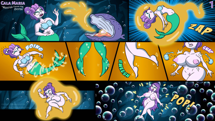 1girl big_breasts breast_expansion breasts cala_maria comic cuphead_(game) drawsputin female female_focus female_only human merfolk mermaid mermaid_tail nipples nude parody purple_body purple_hair purple_skin scene_reference solo the_little_mermaid transformation underwater wardrobe_malfunction