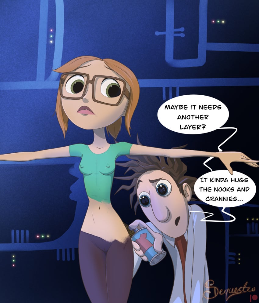 1boy 1girl 1girl blue_eyes body_paint breasts cameltoe clothed_male_nude_female cloudy_with_a_chance_of_meatballs english_text erect_nipples flint_lockwood glasses green_eyes indoors legs_together male medium_breasts messy_hair navel nipples painted_clothes pussy samantha_sparks sequestro short_hair skinny_female small_breasts sony_pictures_animation speech_bubble spray_can spray_paint straight t-pose