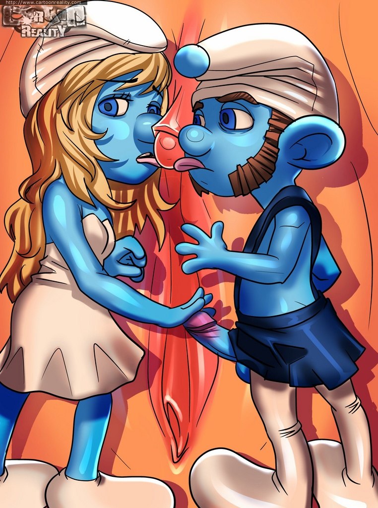 1boy 2_girls blonde_hair blue_skin cartoonreality female_focus grace_winslow gutsy_smurf hat human licking_pussy penis pussy smurfette smurfs the_smurfs tongue tongue_out white_dress wide_hips yuri