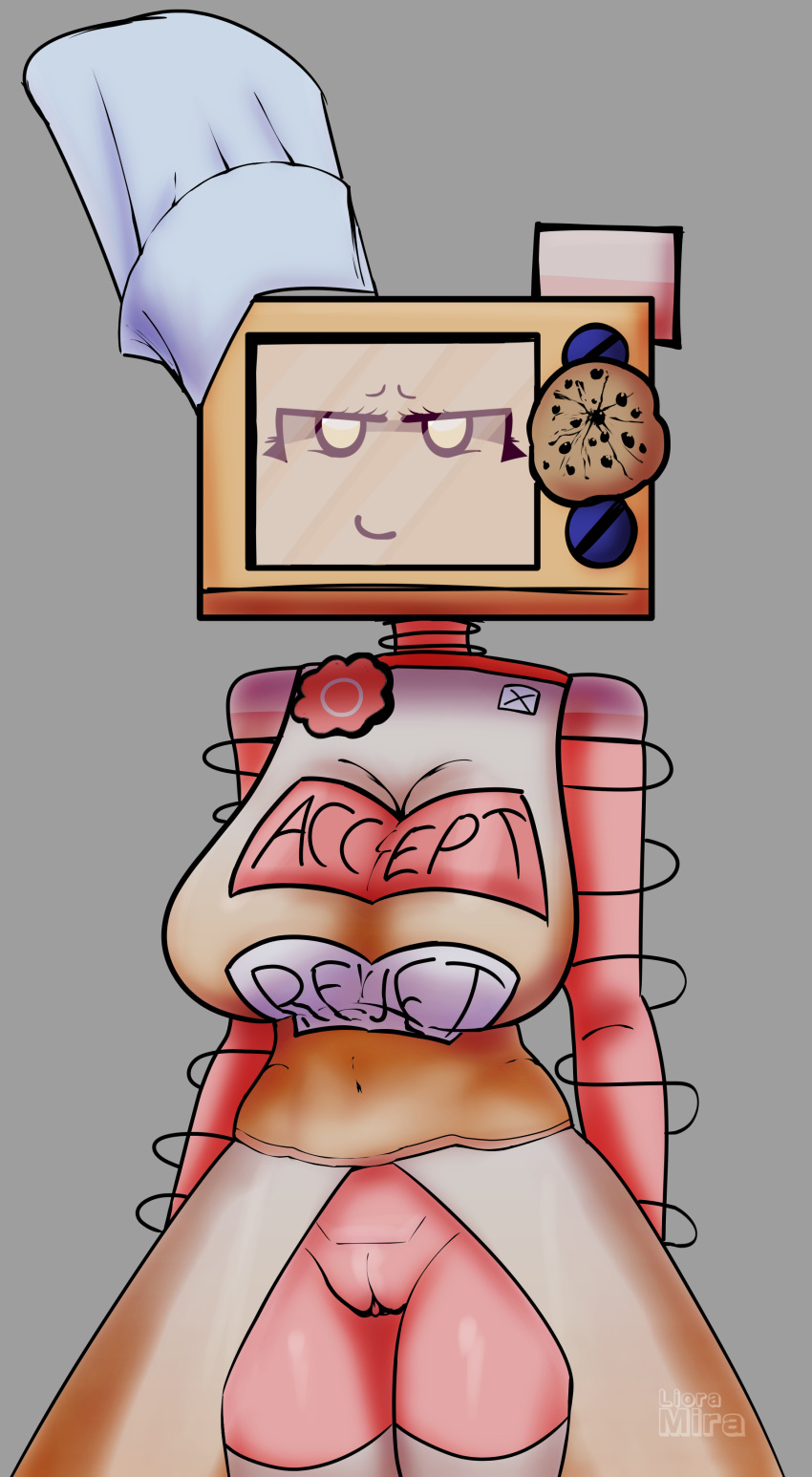 1girl 2025 absurd_res baker big_breasts bottomless breasts chef_hat clothing coils cookie cookieware curvy die_of_death dress exposed_pussy hat high_res liora_mira long_socks machine navel navel_visible_through_clothes oven pussy red_body roblox roblox_game robot robot_girl robot_humanoid screen_face smile smirk tight_fit white_eyes