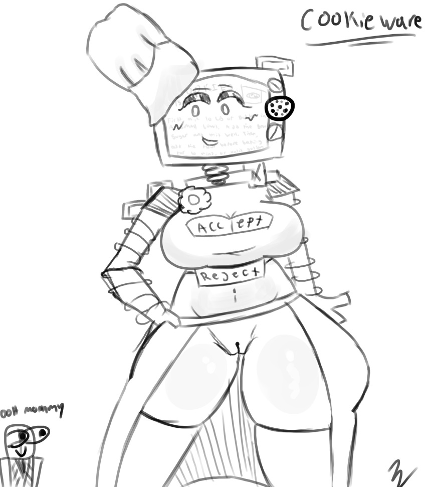 1girl 2025 baker blush_lines bottomless breasts chef_hat clothing coils cookie cookieware curvy die_of_death dress exposed_pussy eyeshadow gear gloves hand_on_hip hat high_res long_socks looking_at_viewer machine monochrome navel_visible_through_clothes oven presenting presenting_pussy pussy roblox roblox_game robot robot_girl robot_humanoid screen_face sketch smile text therandombee thick_thighs thighs toque toque_blanche wide_hips