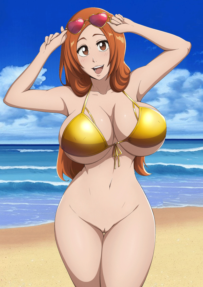 1girl adjusting_eyewear adjusting_sunglasses alluring arms_up bare_legs bare_midriff bare_shoulders bare_thighs beach big_breasts bikini bikini_bottom bikini_top bleach bleach:_the_thousand-year_blood_war blue_sky blush breast_focus breasts brown_eyes cleavage cowboy_shot curvy eyewear female_only gold_bikini golden_bikini happy heart heart-shaped_eyewear high_resolution hourglass_figure inoue_orihime legs_together long_hair looking_at_viewer micro_bikini midriff mistowing naked_from_the_waist_down navel ocean open_mouth oppa oppai orange_hair pin_up pussy skimpy skimpy_bikini smile solo_focus sunglasses sunglasses_on_head swimsuit thigh_gap very_long_hair white_background wide_hips