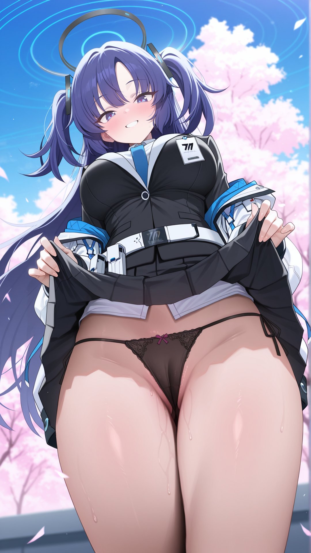 1girl ai_generated big_breasts blue_archive blue_eyes blue_hair blush breasts cameltoe halo lifting_skirt light-skinned_female light_skin looking_at_viewer low-angle_view nikumist panties pov presenting presenting_panties pussy skirt skirt_lift smile thick_thighs thighs yuuka_(blue_archive)