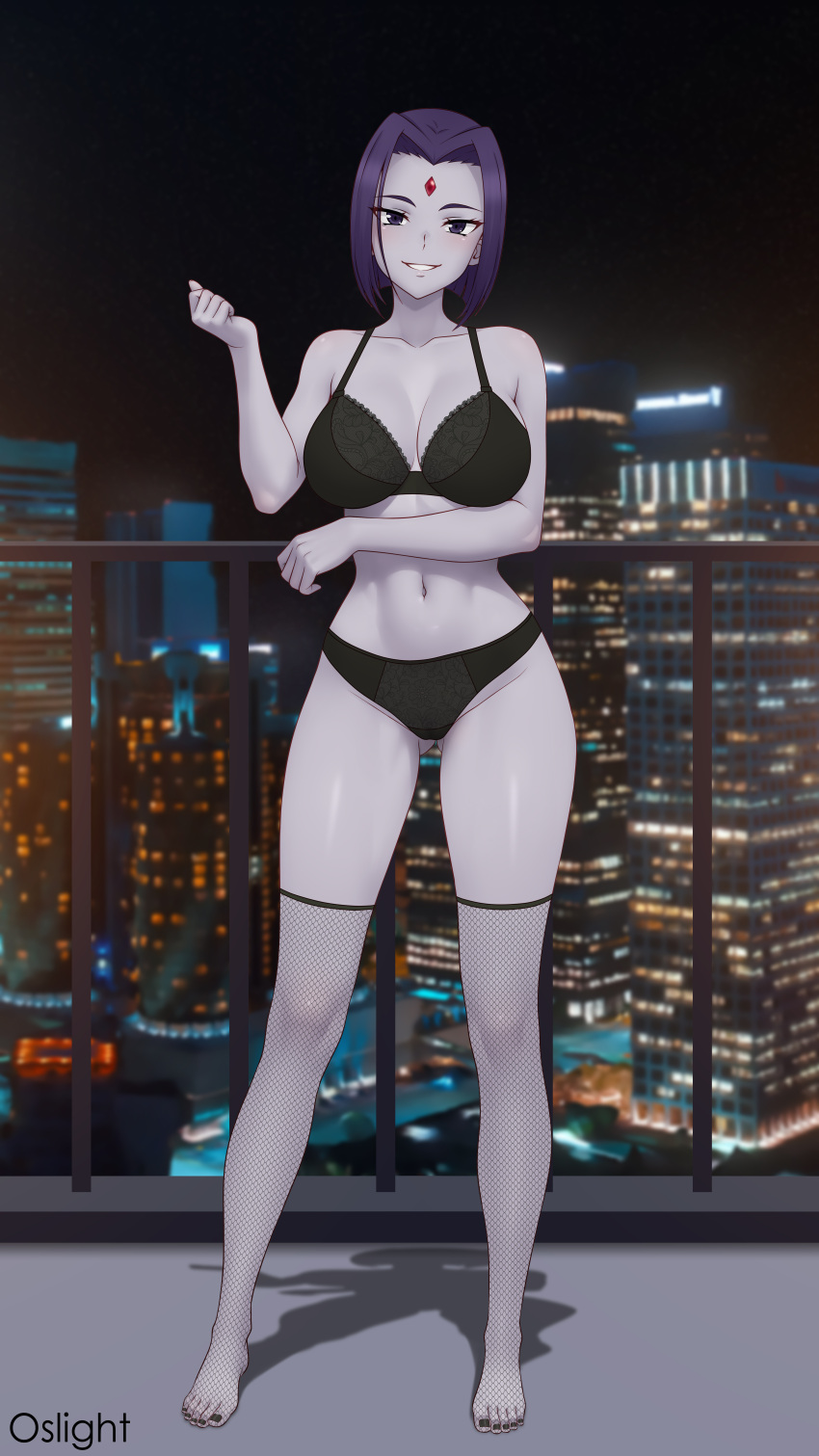 1girl absurd_res animification artist_name black_bra black_nails black_panties bra breasts colored_skin commission dc_comics female fishnet_thighhighs fishnets forehead_jewel full_body gluteal_fold grey_skin high_res lace lace-trimmed_bra lace-trimmed_panties lace_trim looking_at_viewer medium_breasts navel older older_female oslight panties purple_eyes purple_hair rachel_roth raven_(dc) shiny_skin short_hair smile solo standing stockings teen_titans thighs toes underwear warner_brothers young_adult young_adult_female young_adult_woman