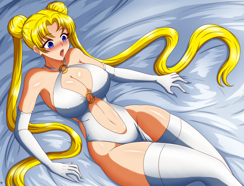 1girl adult_swim alluring alternate_body_size alternate_breast_size_(larger) bed big_breasts bishoujo_senshi_sailor_moon bishoujo_senshi_sailor_moon_r bishoujo_senshi_sailor_moon_r_the_movie bishoujo_senshi_sailor_moon_s bishoujo_senshi_sailor_moon_s_the_movie bishoujo_senshi_sailor_moon_supers bishoujo_senshi_sailor_moon_supers_the_movie blonde_hair blue_eyes blush cleavage double_bun dress gloves hair_bun legs long_hair navel o-ring open_mouth stockings thick_thighs thighs toei_animation toonami twin_tails usagi_tsukino wide_hips