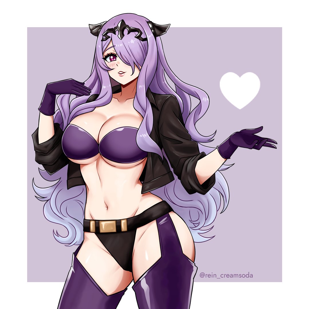 1girl alluring alternate_costume angel_(kof)_(cosplay) artist_name big_breasts black_panties camilla_(fire_emblem) commission cosplay crown fake_horns female_only fire_emblem fire_emblem_fates fire_emblem_warriors garter_straps gloves hair_over_one_eye heart horns intelligent_systems king_of_fighters lips long_hair looking_at_viewer nintendo panties parted_lips purple_eyes purple_gloves purple_hair rein_creamsoda smile stockings underwear waves