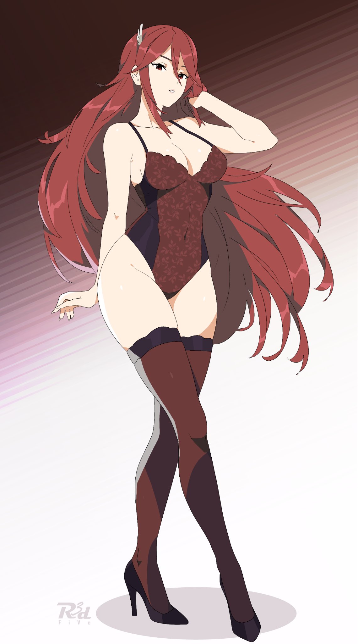 1girl alluring cordelia_(fire_emblem) fire_emblem fire_emblem_awakening fire_emblem_warriors high_heels intelligent_systems leotard_aside long_hair r3dfive red_eyes red_hair red_leotard red_thighhighs stockings
