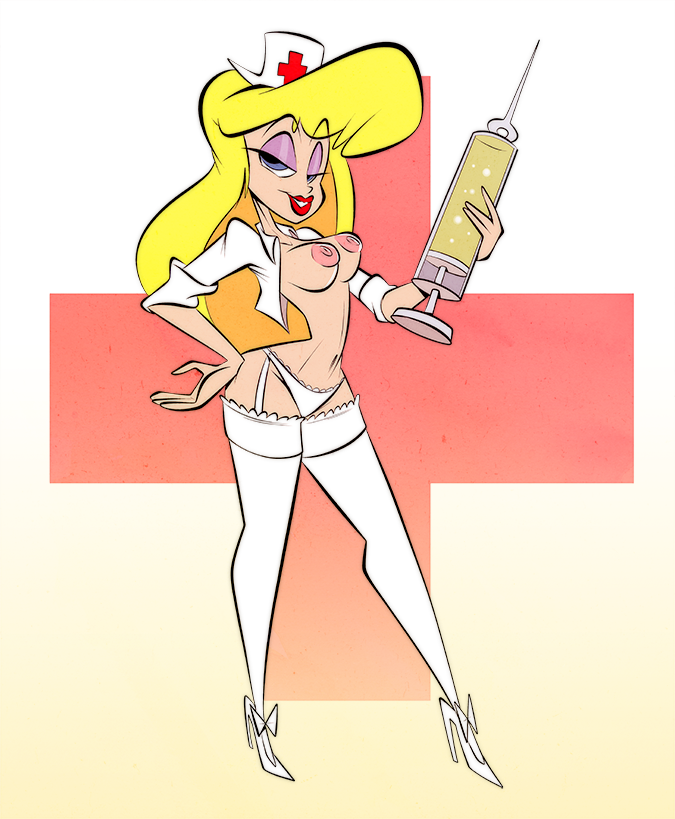 1girl 1girl animaniacs blonde_hair breasts hello_nurse heloise_nerz lipstick nipples nurse open_shirt panties red_lipstick stockings syringe tagme themrock topless warner_brothers