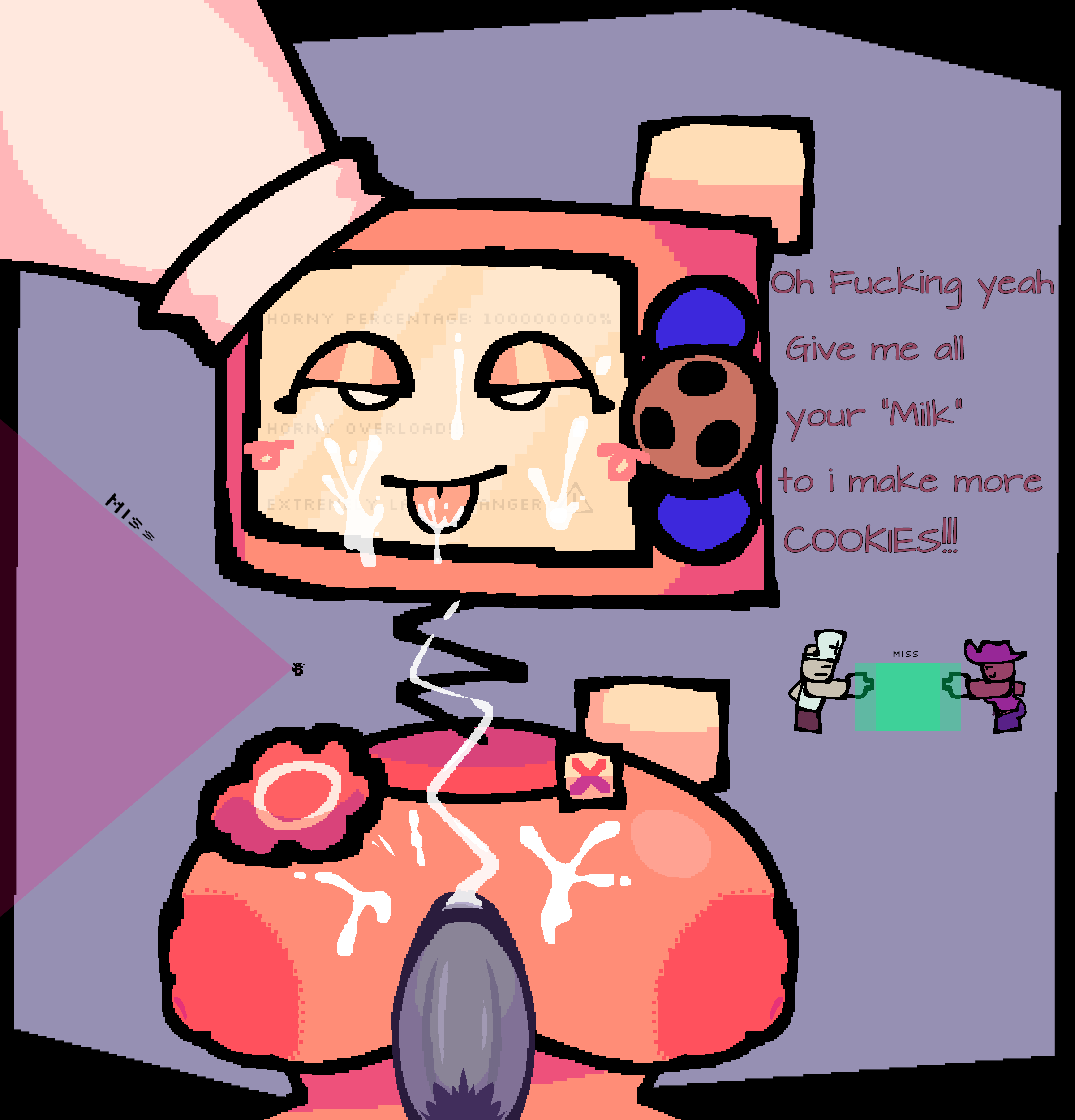 1girl 2025 absurd_res background_characters big_breasts blush blush_lines breasts caretaker chef_hat civilian_(die_of_death) coil cookie cookieware cum cum_on_breasts cum_on_face cum_on_tongue curvy dialogue die_of_death english_text eyeshadow female_focus gear grey_skin hat high_res looking_at_viewer loveshot machine nipples orange_body oven penis pubic_hair puffy_nipples red_nipples revolver_(die_of_death) roblox roblox_game robot robot_girl robot_humanoid screen_face seductive_look seductive_smile smile text topless toque toque_blanche