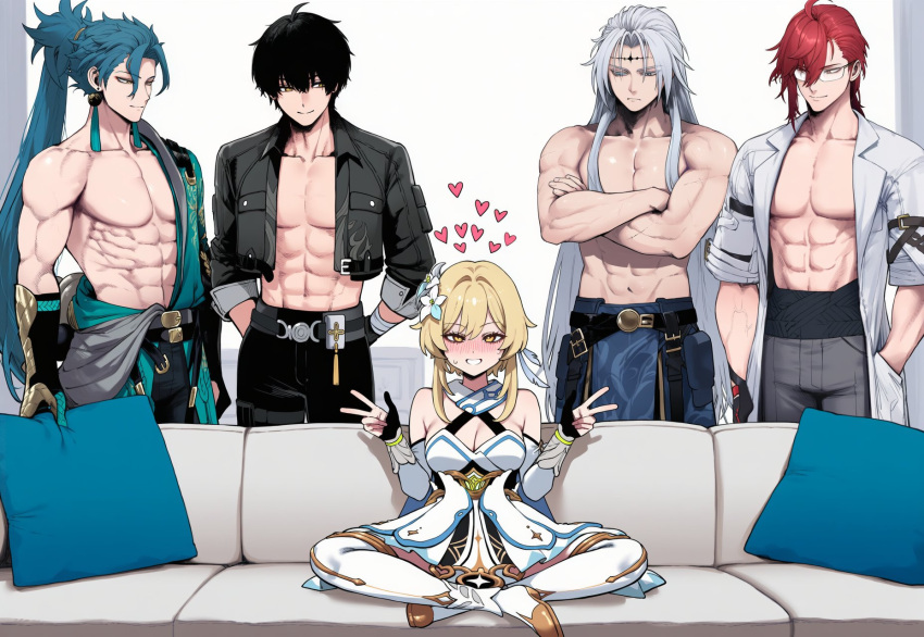 1girl 4boys abs ai_assisted ai_generated arms_behind_back black_hair blue_hair brown_eyes calcharo_(wuthering_waves) couch couch_sitting crossed_arms crossover double_v genshin_impact group group_sex heart hearts_around_head imminent_sex jiyan_(wuthering_waves) lumine_(genshin_impact) male male_rover_(wuthering_waves) meme meme_reference moments_before_disaster mortefi_(wuthering_waves) muscular muscular_male piper_perri_surrounded red_hair rover_(wuthering_waves) sitting topless topless_male truck-kun_art white_hair wuthering_waves yellow_eyes