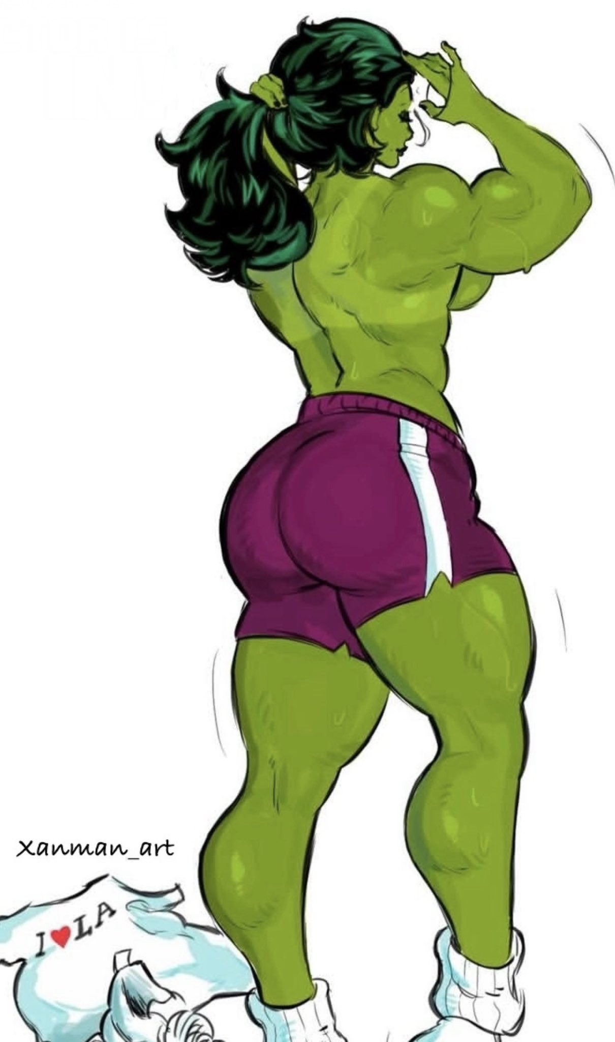 1girl green_hair green_skin marvel muscle muscular muscular_female she-hulk short_shorts solo_female solo_focus topless