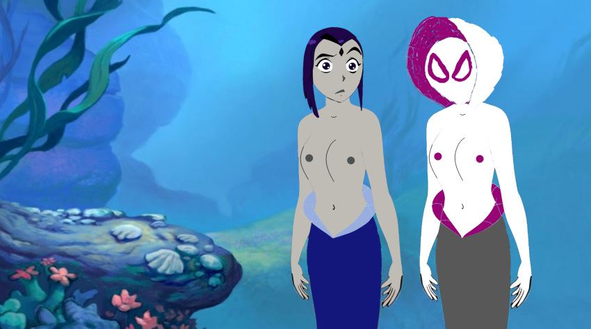 gray_skin hood mermaid mermaid_girl older older_female purple_eyes purple_hair raven_(dc) spider-gwen topless topless_female white_skin young_adult young_adult_female young_adult_woman