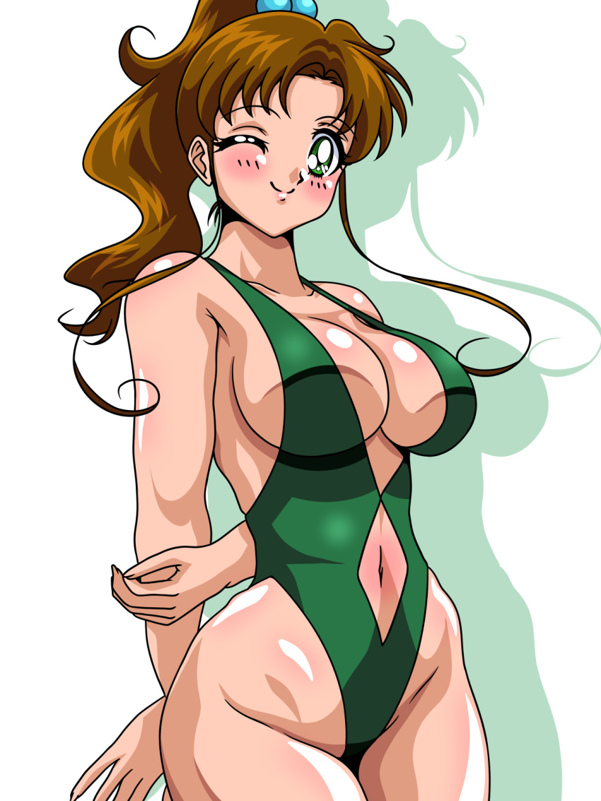 1girl adult_swim alluring big_breasts bishoujo_senshi_sailor_moon bishoujo_senshi_sailor_moon_r bishoujo_senshi_sailor_moon_r_the_movie bishoujo_senshi_sailor_moon_s bishoujo_senshi_sailor_moon_s_the_movie bishoujo_senshi_sailor_moon_supers bishoujo_senshi_sailor_moon_supers_the_movie blush brown_hair cleavage green_eyes high_res inabakun00 long_hair looking_at_viewer makoto_kino one-piece_bikini one_eye_closed ponytail sideboob sleeveless swimsuit toei_animation toonami viz_media wink