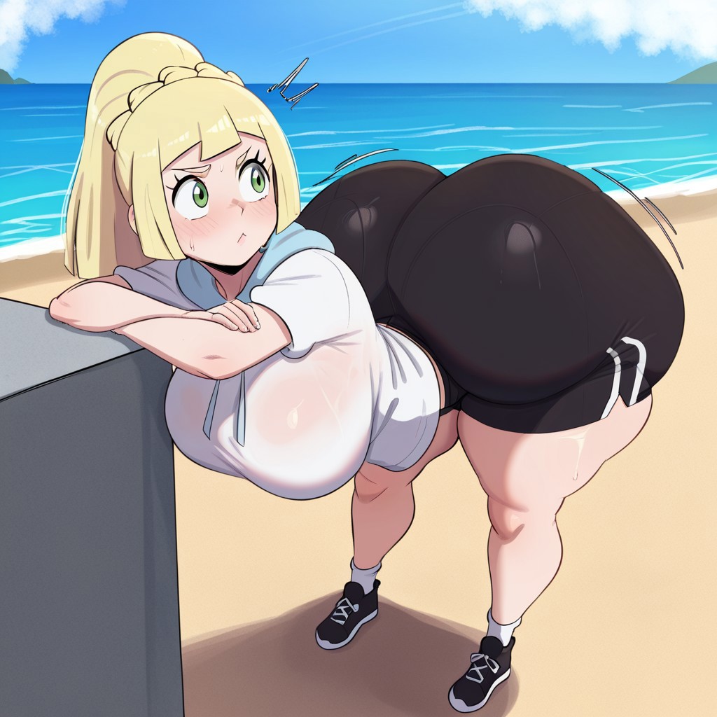 1girl ai_generated ass big_ass big_breasts booty_shorts breasts fundoshilover101 game_freak huge_ass huge_breasts lillie_(pokemon) nintendo pokemon