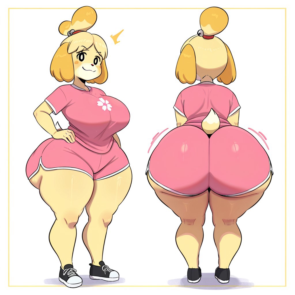 1girl ai_generated animal_crossing ass big_ass big_breasts booty_shorts breasts dolphin_shorts fundoshilover101 huge_ass huge_breasts isabelle_(animal_crossing) nintendo