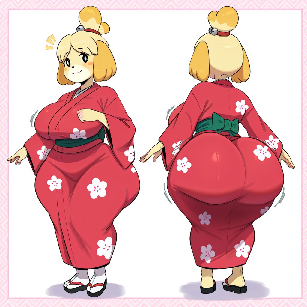 1girl ai_generated animal_crossing ass big_ass big_breasts breasts fundoshilover101 huge_ass huge_breasts isabelle_(animal_crossing) kimono nintendo