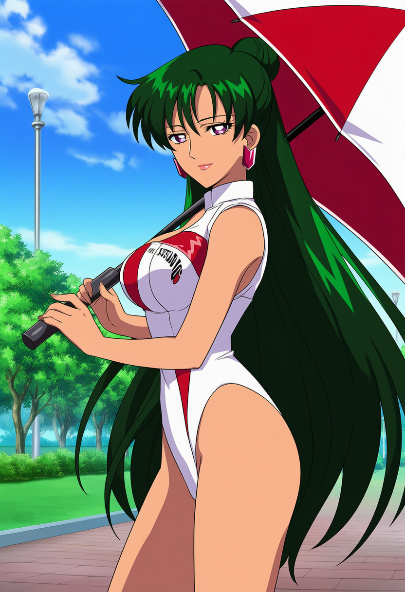 1girl adult_swim alluring big_breasts bishoujo_senshi_sailor_moon bishoujo_senshi_sailor_moon_r bishoujo_senshi_sailor_moon_s bishoujo_senshi_sailor_moon_s_the_movie bishoujo_senshi_sailor_moon_supers bishoujo_senshi_sailor_moon_supers_the_movie cleavage crimson_eyes dark_green_hair holding_umbrella one-piece_bikini setsuna_meiou toei_animation toonami umbrella viz_media wolf_(artist)