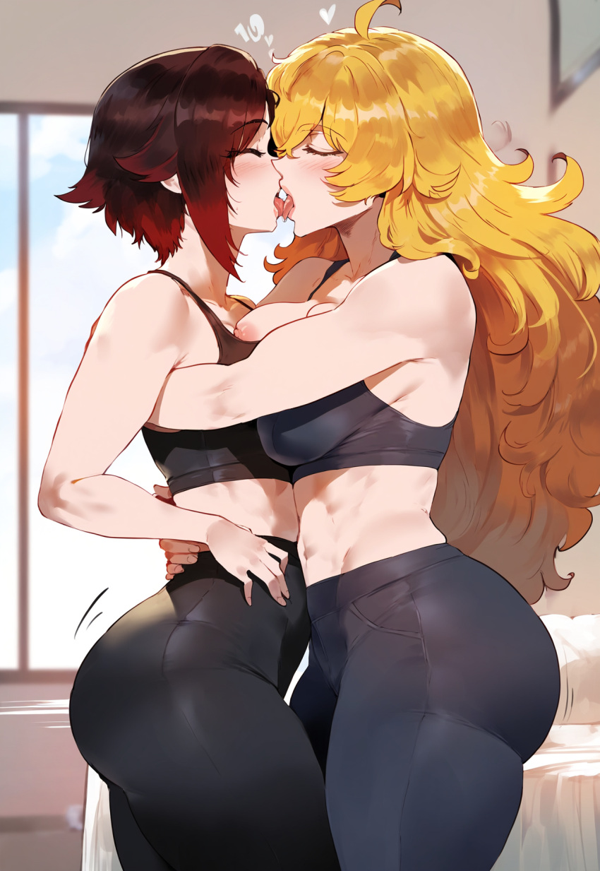 1girl 2_girls blonde_hair gym_clothes incest kissing long_hair red_hair ruby_rose rwby sisters yang_xiao_long