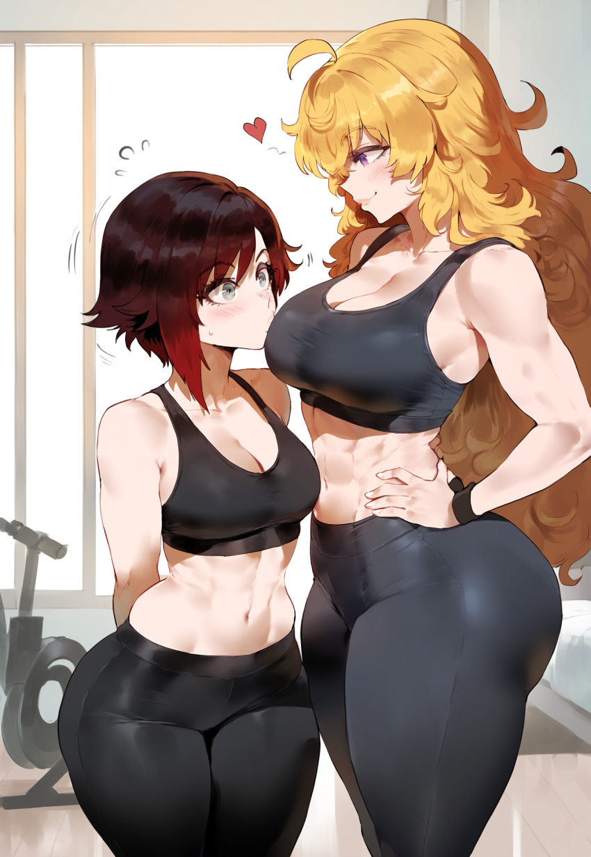 1girl 2_girls blonde_hair gym_clothes long_hair red_hair ruby_rose rwby yang_xiao_long