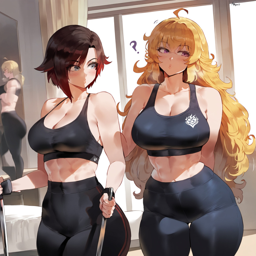 1girl 2_girls blonde_hair gym_clothes long_hair red_hair ruby_rose rwby yang_xiao_long