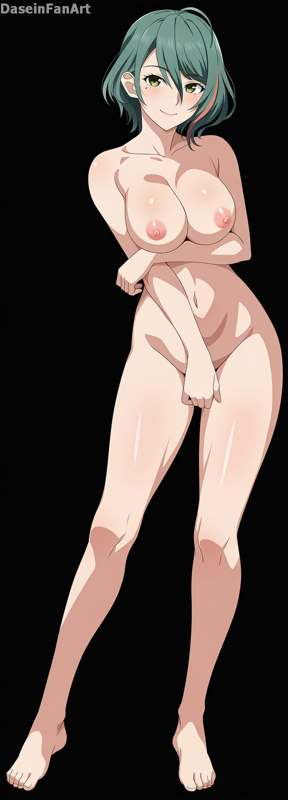 1girl alluring bare_legs barefoot big_breasts dasein dead_or_alive dead_or_alive_xtreme_venus_vacation olive_eyes pin_up pussy tamaki_(doa) teal_hair tecmo