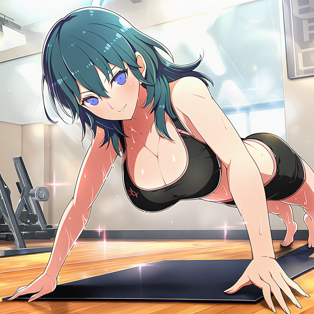 1girl alluring athletic_female big_breasts byleth_(fire_emblem) byleth_(fire_emblem)_(female) cleavage dumbbell female_abs fire_emblem fire_emblem:_three_houses fit_female gym gym_shorts intelligent_systems nicado nintendo push-ups sports_bra teal_eyes teal_hair working_out